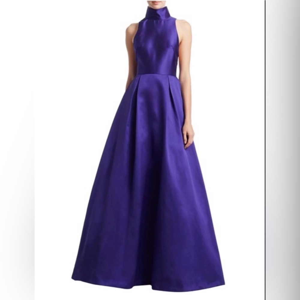 ML Monique Lhuillier Mock Neck Concealed Back Satin Purple Ballgown